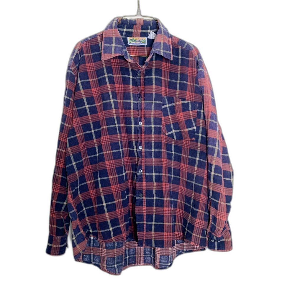 Vintage red blue 100% cotton flannel long sleeve button down top Size XXL